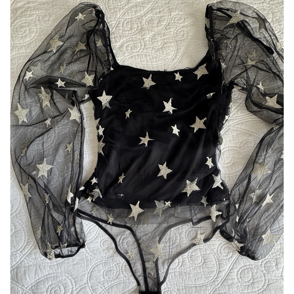 Sheer Black Puff Sleeve Bodysuit Sz M/Star Embroidered/Celestial/Square Neck